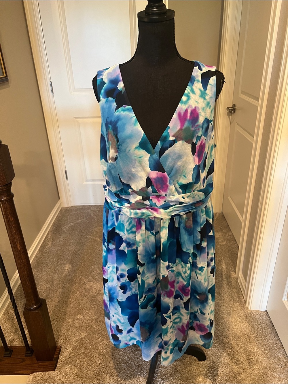 Sandra Darren Blue & Purple Watercolor Floral Midi Dress